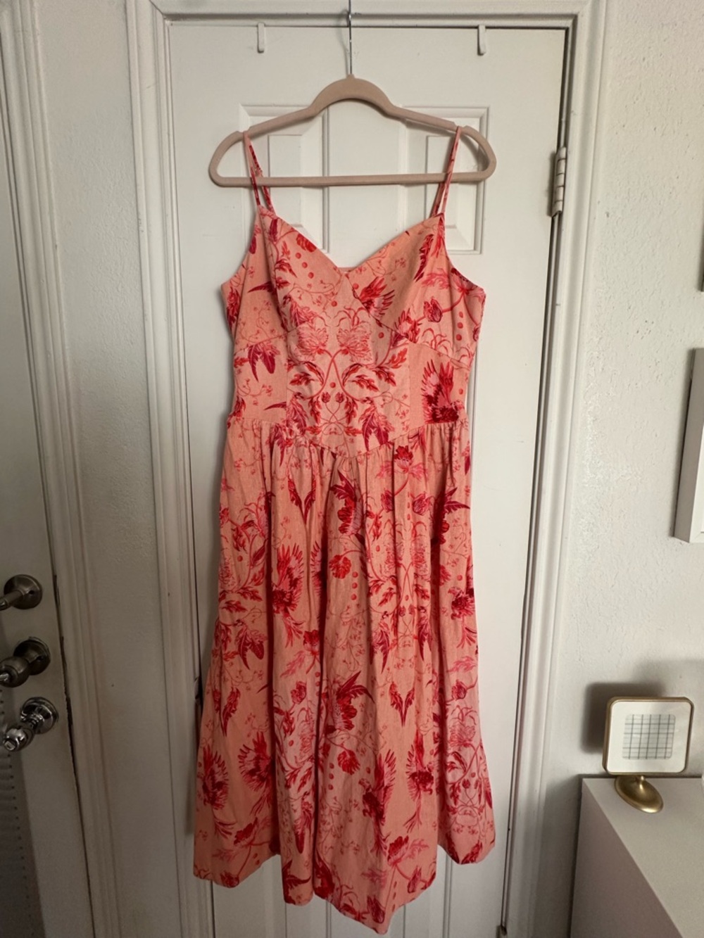 Floral Spaghetti-Strap Midi Dress in Peach and Red